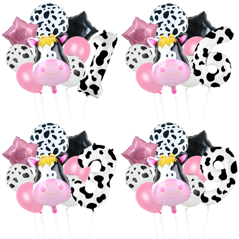 9pc Farm Animal Cow Theme 40inch Black White Spot Number Pink Star Foil Balloons 1-9th Baby Boy Birthday Party Decors Supply