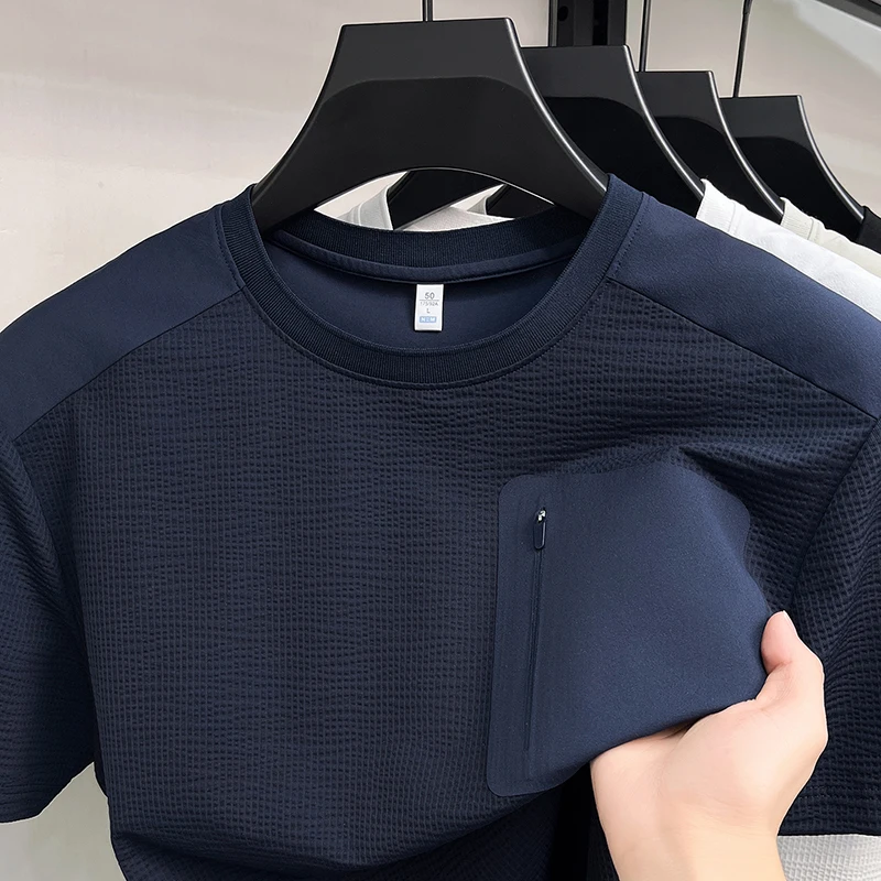 Fashion fake pocket design short sleeve T-shirt men's high-quality new zipper decoration summer breathable casual round neck top