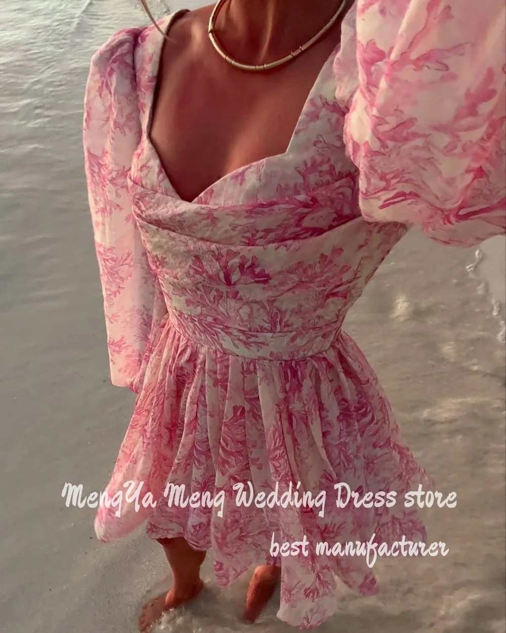 

ZHUISHU New sexy V-neck Puff Sleeve Three-dimensional Flower Waist Large Party Beach Short Dress Customized Mini-Length Dresses