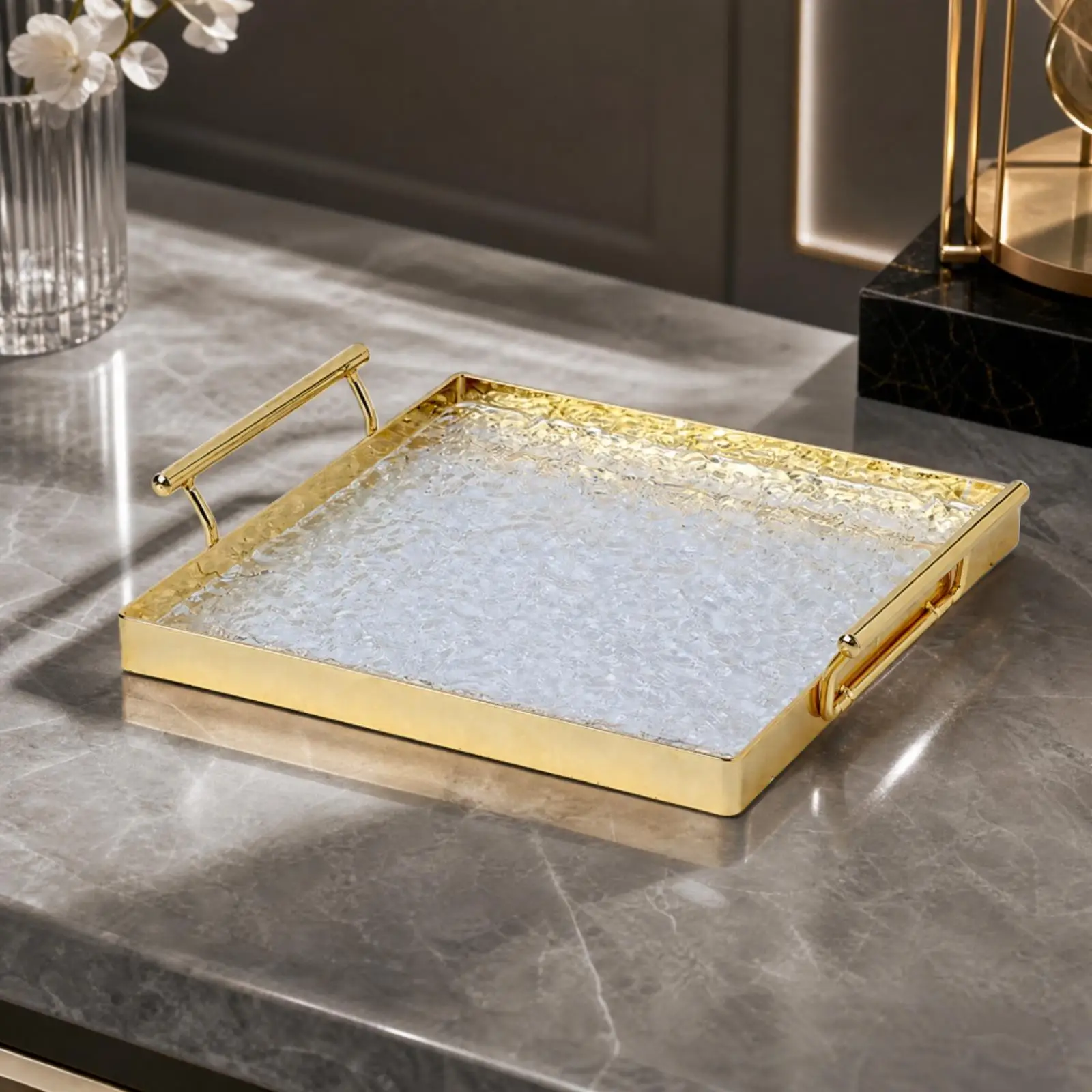 Acrylic Cake Tray Gold Square Serving Board with Handles for Wedding Dessert Table Display Stand