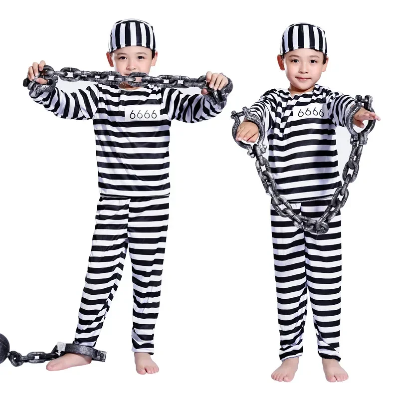 New 2025 Adult Kids Striped Prisoner Costume Prison Suit Uniform Chains Family Matching Outfits Cosplay Clothes For Party wat160
