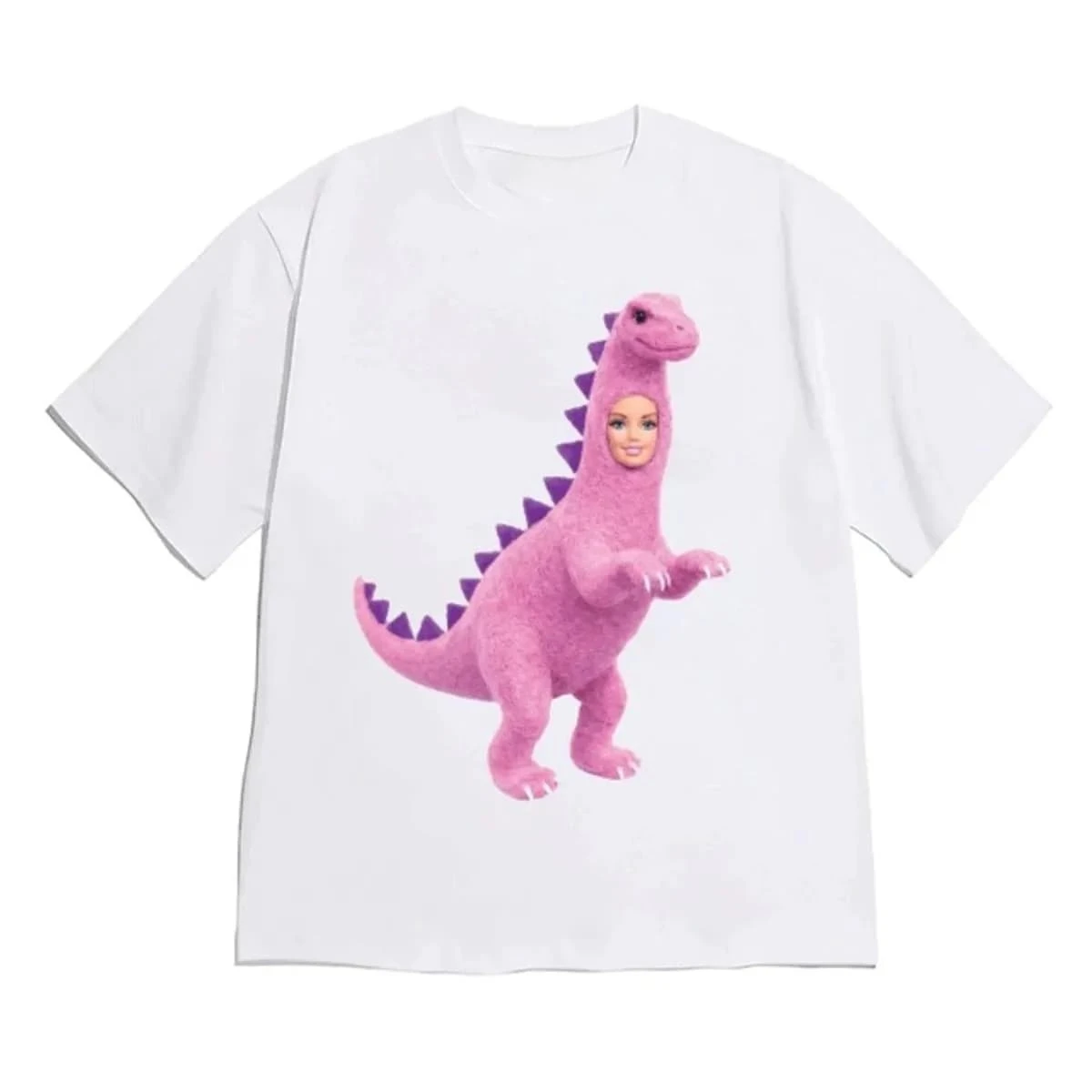 Funny Pink Fuzzy Dinosaur Doll Face Graphic T Shirt Women Men Loose Cotton Short Sleeve Weird Aesthetic Harajuku Streetwear Tee
