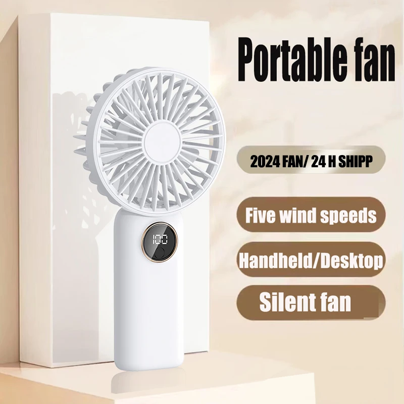 5000Mah USB Mini Fan Five Speed Regulation Portable Fans LED Digital Display Silent Strong Wind Power Dual Battery Power Supply