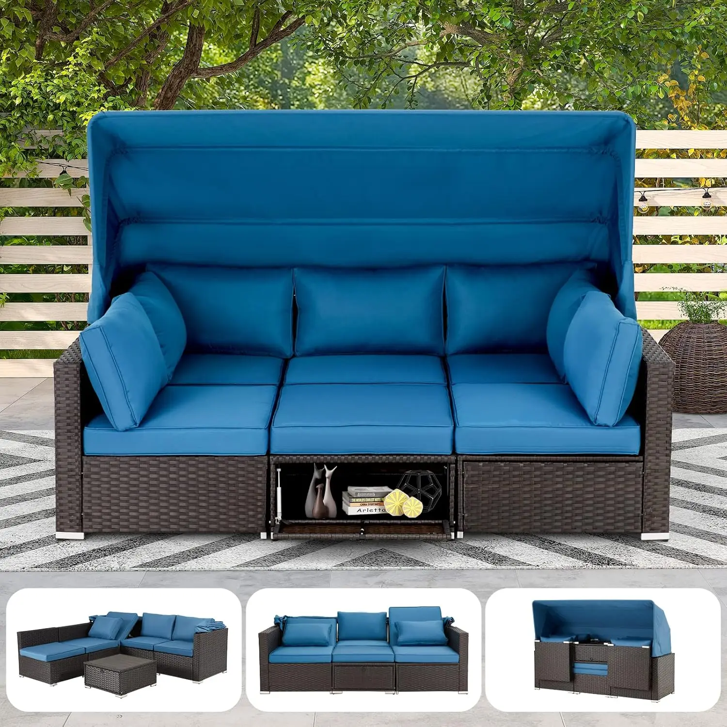 

6 Pieces Patio Furniture Sets, Rattan Daybed with Retractable Canopy, Set with Adjustable Backrest, Chaise Chair Sunbed