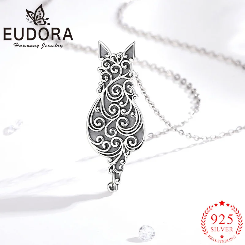 Eudora Real 925 Sterling Silver Filigree Cat Necklace Cute Kitten Animal Pendant Men Women Fashion Jewelry Party Exquisite Gift