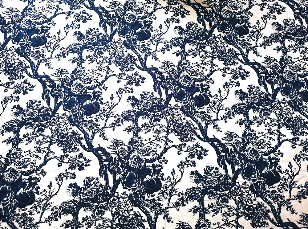 1 meter X 1.4 meter Blue White Trees Cotton Linen Fabric Home Upholstery Sewing Material Natural