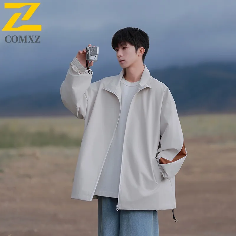 COMXZ 2024 Mens Loose Fit Sporty Windproof Jacket Color Block Casual Coat