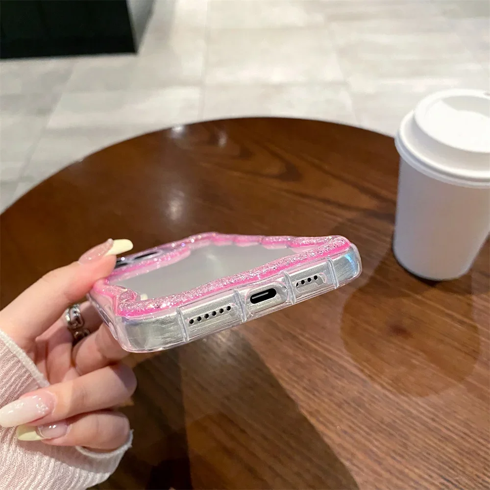 반짝이는 귀여운 웨이브 테두리 실리콘 소프트 폰 케이스 아이폰 16 15 14 13 12 11 프로 맥스 플러스 소녀용 투명 커버 충격 방지 쉘