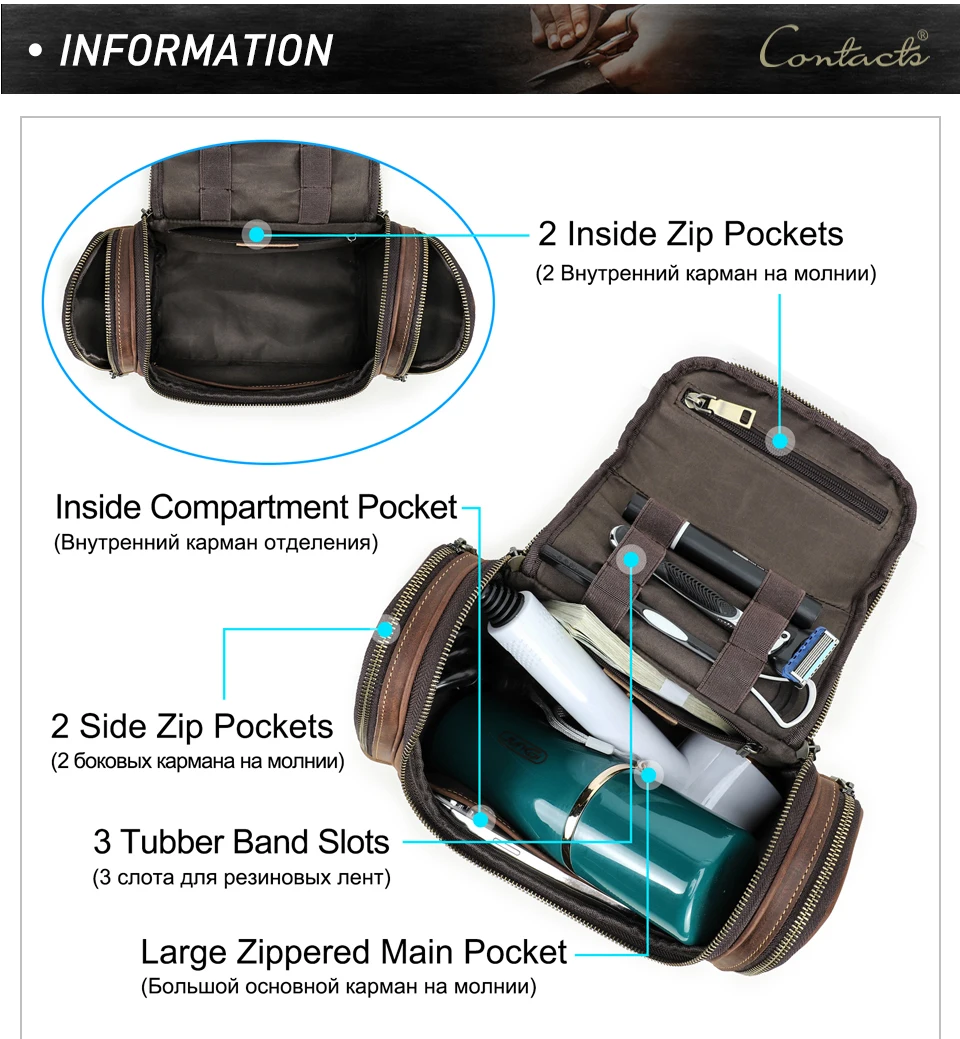 Männer Echtes Leder Reise Business Kulturbeutel Rasieren Tasche Frauen Retro Kosmetik Waschen Dusche Organizer Handtasche Große Kapazität – Detail 5