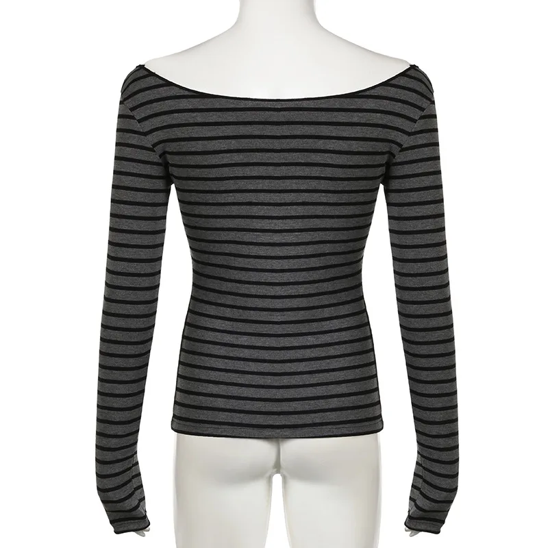 Damen Harajuku Basic Slim Fit Langarm-Streifent-Shirt mit Schulterfreiem O-Ausschnitt im Koreanischen Street-Style Graues T-Shirt für Frühling und Herbst Y2 – Detail 12