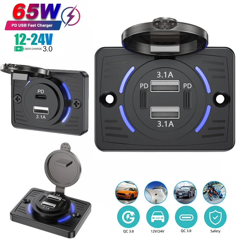 Dual PD Dual USB Autoladegerät Dual USB Schnellladeadapter Wasserdichte Steckdose Netzteil 12V/24V für Auto LKW Boot ATV RV