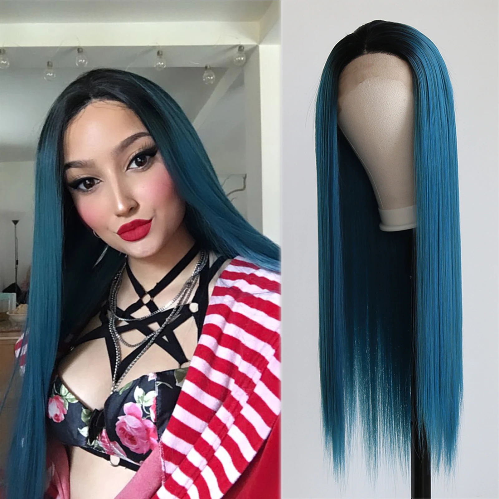 Thiswig Mix Blue and Green Ombre Synthetic Lace Front Wig for Fashion Women Long Straight Heat Resistant Fiber Daily Wear Wigs