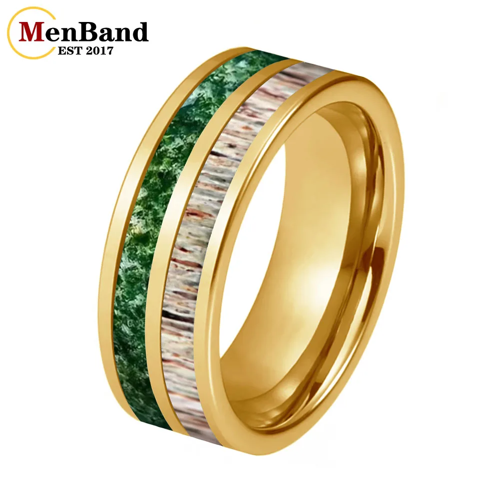 menband-8mm-タングステンカーバイドリング-ウェディングバンド-モスアゲートと鹿の角の象嵌-ファッションジュエリー、カップルリング、プロミスリング