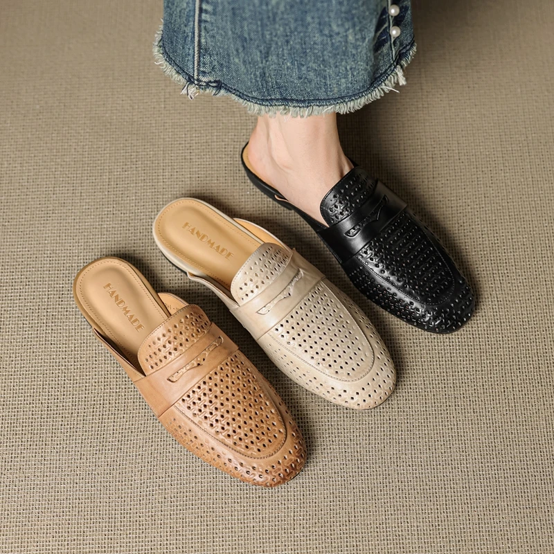 Picture 4: Women's new summer genuine leather cowhide carved holes, breathable low heel toe closure, Mueller shoes, fashion slippers