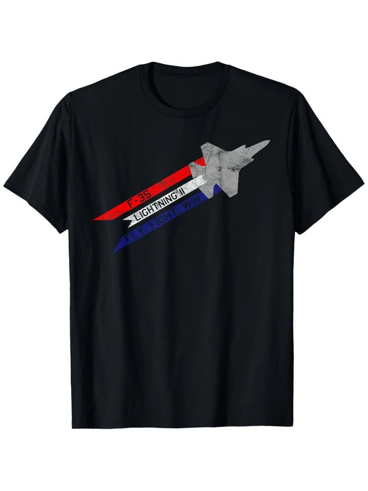 F-35 Lightning II Jet Fighter "Fly Fight Win"Patriotic American Flag -100% cotton short sleeve O-neck printed men's T-shirt.