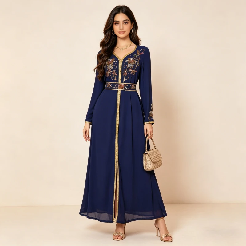 

Muslim Women Dress Abaya Beading Diamond Lace-up Eid Party Long Dresses Vestidos Largos Caftan Jalabiya Ramadan Arab Long Robe