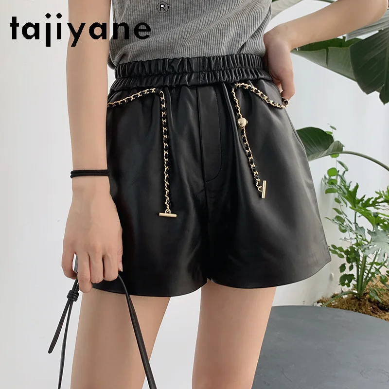 TAJIYANE Sheepskin Geunine Leather Shorts Elastic Waist Straight Women's Shorts Slim Fit Shorts for Woman 반바지 Decorative Chain