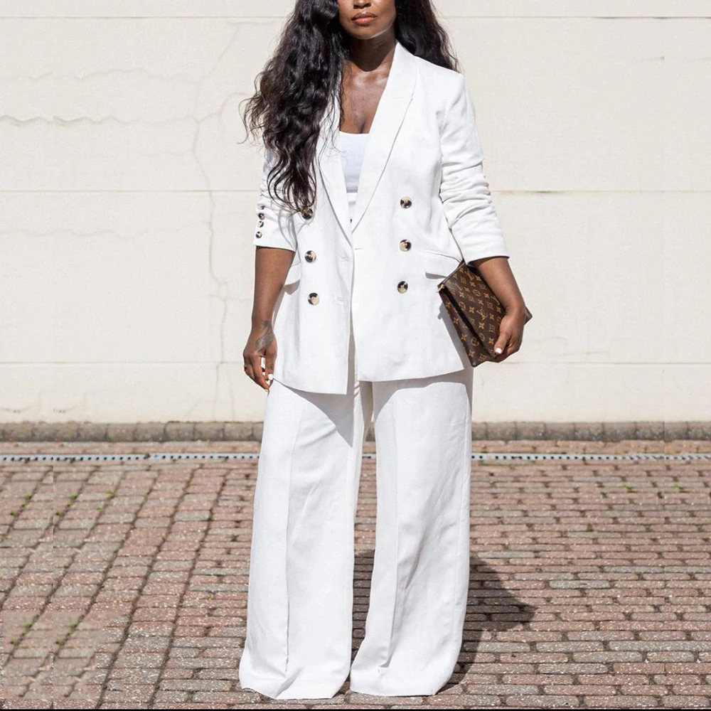 

Chic Loose White Women two Pieces Suit Set Double Breasted Jacket Wide Leg Pant Sets Custom Suit Office Business Female Clothing