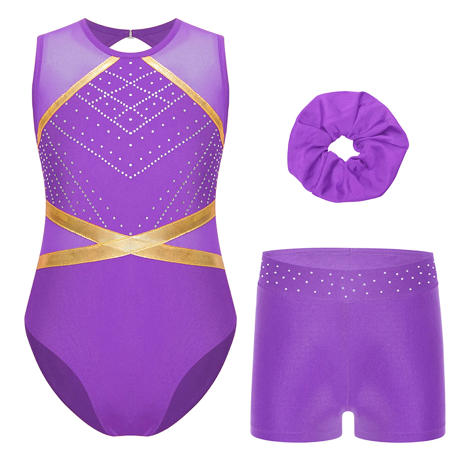 

Kids Girls Gymnastics Ballet Skating Dance Performance Outfit Sheer Mesh Patchwork Sleeveless Leotard with Shorts Hair Tie