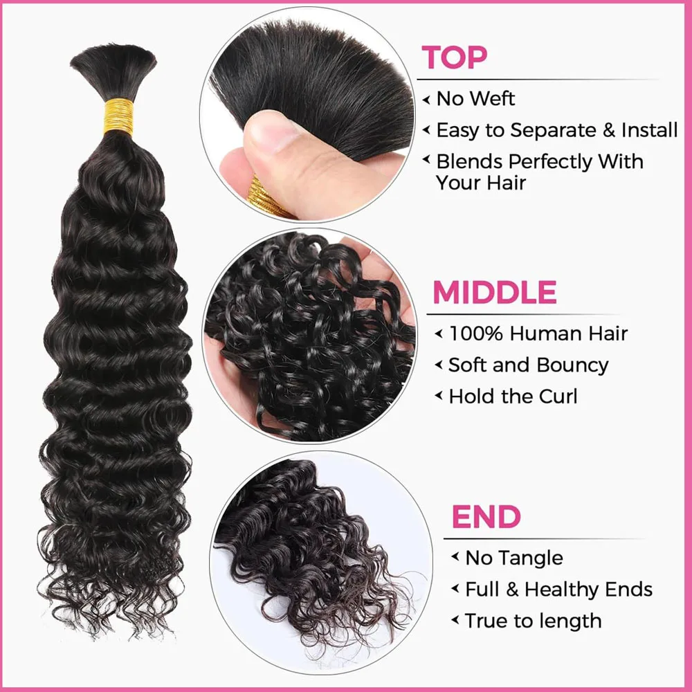 Extension de Cheveux Humains Bouclés pour Tresses Boho, Deep Wave, en Vrac, Sans Trame