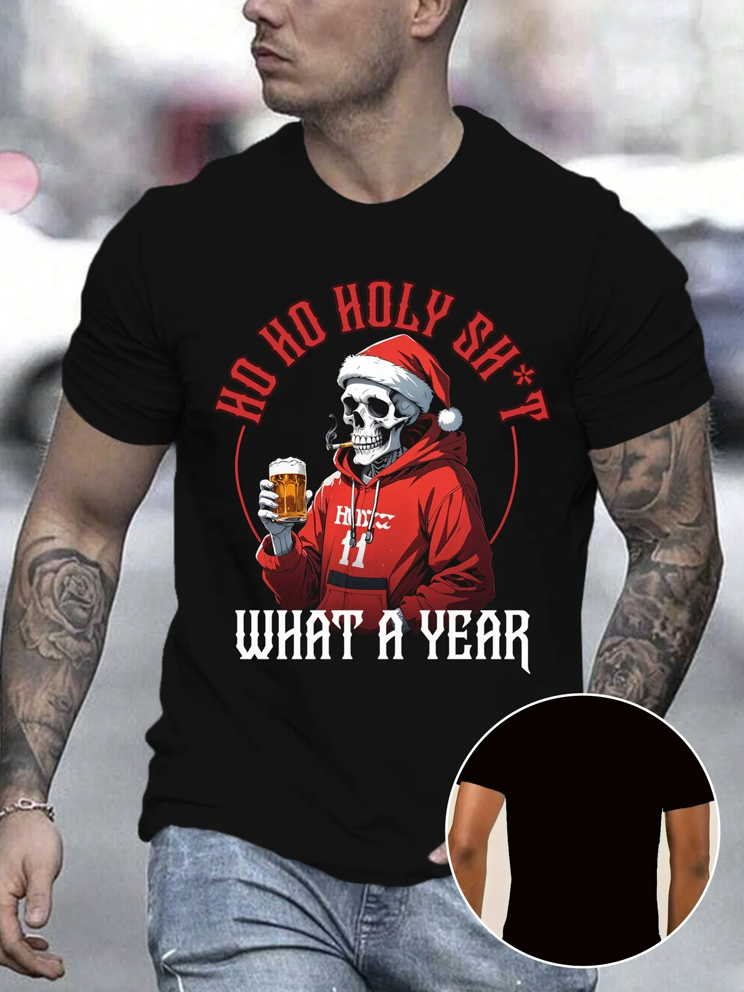 Men's Christmas Cool Skeleton What a Year Printed T-Shirt Micro Stretch Short Sleeve Round Neck T-Shirt Summer Outdoor Clothing