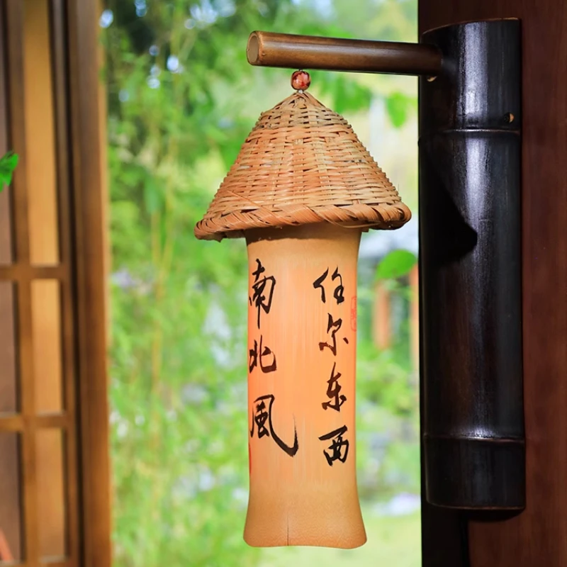Handwritten Calligraphy Bamboo Wind Chimes Natural Handwoven Tea House Hanging Decor Vintage Corridor Ornaments with Artwork