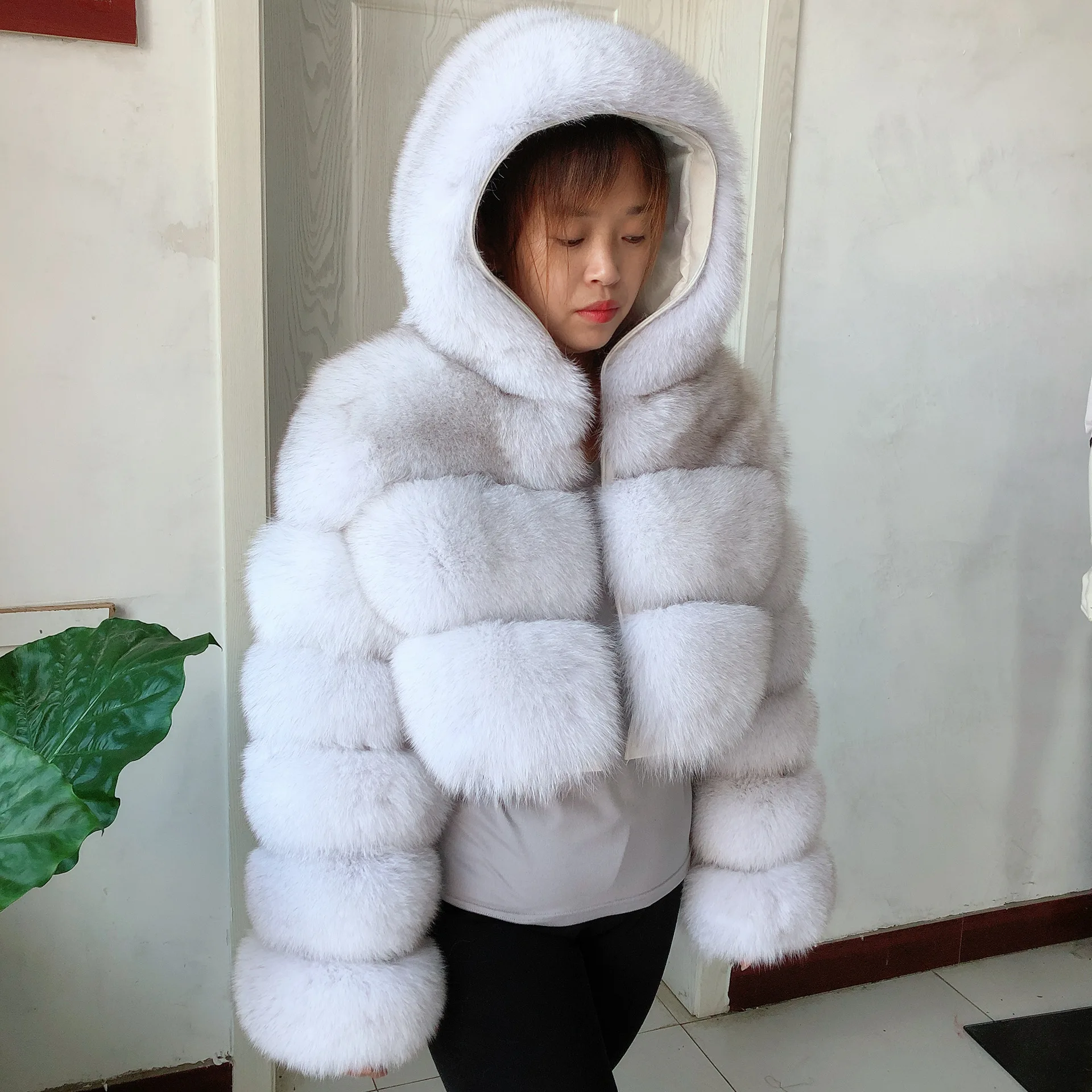 Natural fox fur hooded jacket new high street women winter fur jacket real fox fur natural raccoon fur 3 rows hooded fur coat