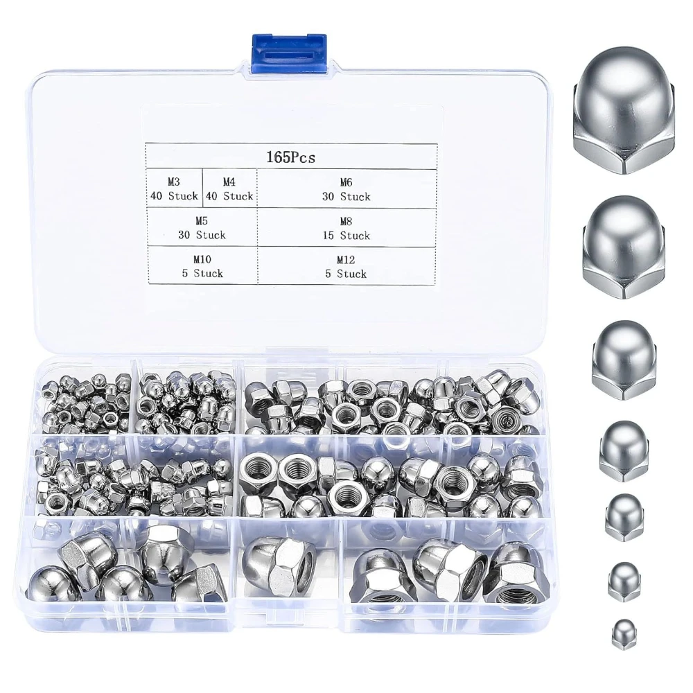 

165pcs 304 Stainless Steel Cap Nuts Stuck Set M3 M4 M5 M6 M8 M10 Integrated Semi-circular Cap Shape Nut Stuck Box