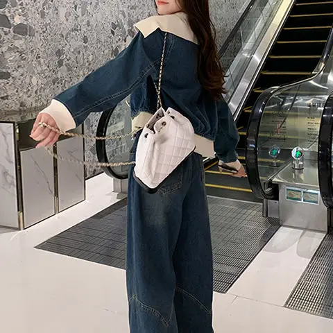 Spring 2025 New Fashion, High-end Temperament Denim Jacket Top Wide-leg Pants Two-piece Set