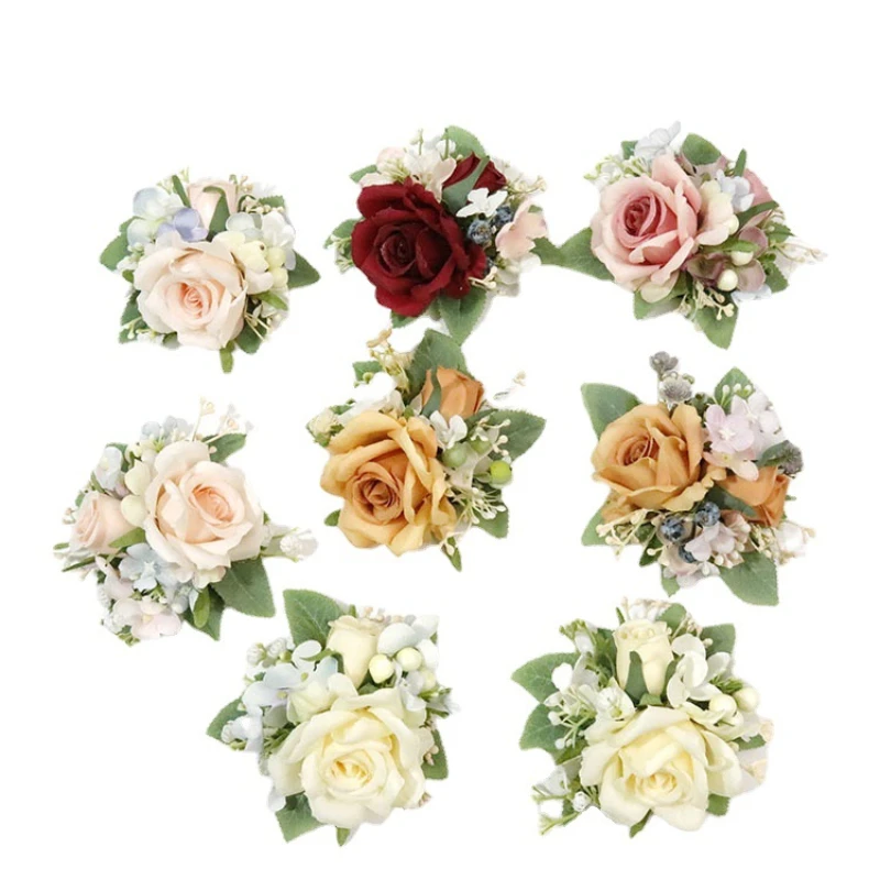 สีสันงานแต่งงาน Boutonniere ผ้าไหมกุหลาบ Corsage Bridesmaid ดอกไม้ที่ไม่ซ้ำกันพยาน Man Buttonhole ชุด Broche