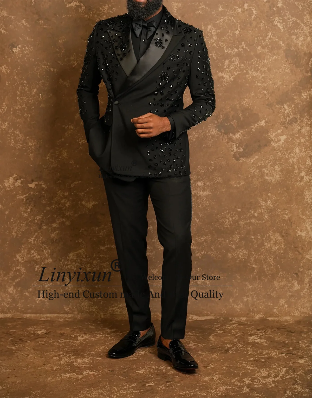Luxury Rhinestone Male Suits 2 Pieces Sets Double Breasted Tuxedos Party Outfit Customized Slim Blazer Pants costume homme luxe