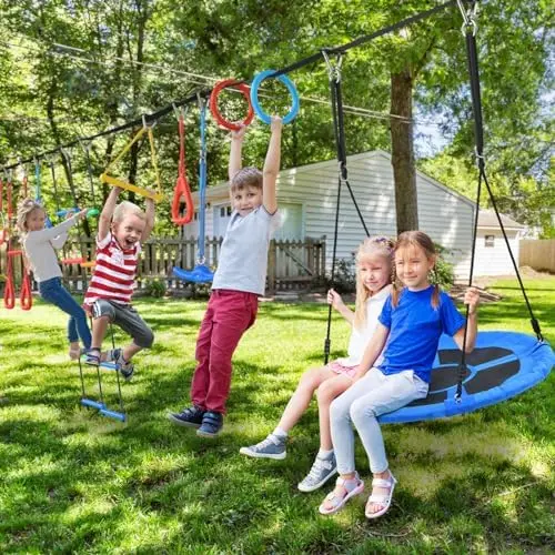 65 ft Obstacle Course for Kids with Swing, Rope Course with 11 Obstacles for Backyard Outside, Tree Slackline Jungle