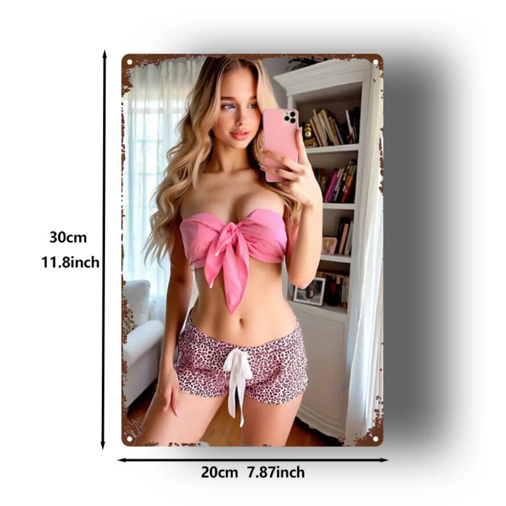 

Vintage pink bow leopard metal wall art sign, 8x12 inch retro iron decor for home, cafe, bar, garage room decoration.