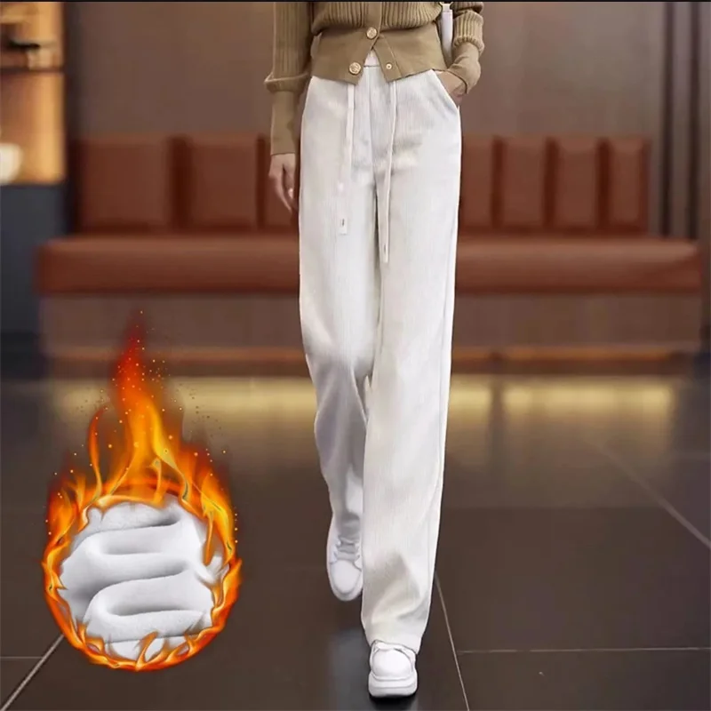 Fluwelen gewatteerde casual broek toe Dame herfst winter nieuwe 2025, hoge taille corduroy broek dames grote maat rechte broek vrouwelijk