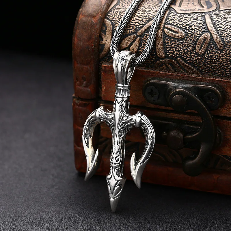 Sea King Trident Pendant 925 Pure Silver Necklace Pendant Punk Style Personalized Men's Retro Vintage Fashion Accessories