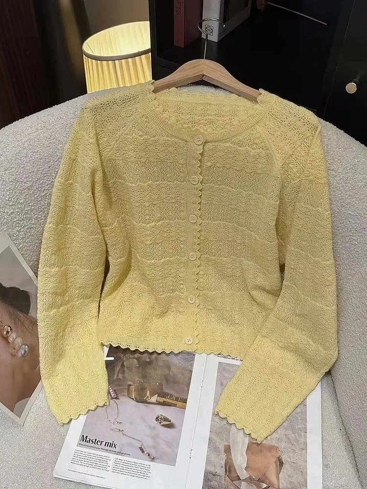 

Весна 2024, новинка, кружевная простая вязаная верхняя одежда, однотонный открытый кардиган ярких цветов, вязаный свитер Ele Aosphere