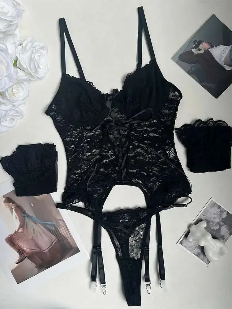 Backless Deep V Suspenders ชุดแขนกุดโปร่งใสลูกไม้ตาข่ายดอกไม้พิมพ์สีทึบ Bodysuits Charming Elegant KXOV