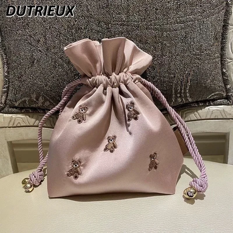 Lolita Cute Cartoon Bear Exquisite Embroidery Small Size Buggy Bag Female Ditty Bags Drawstring Storage Saving Bag for Girls