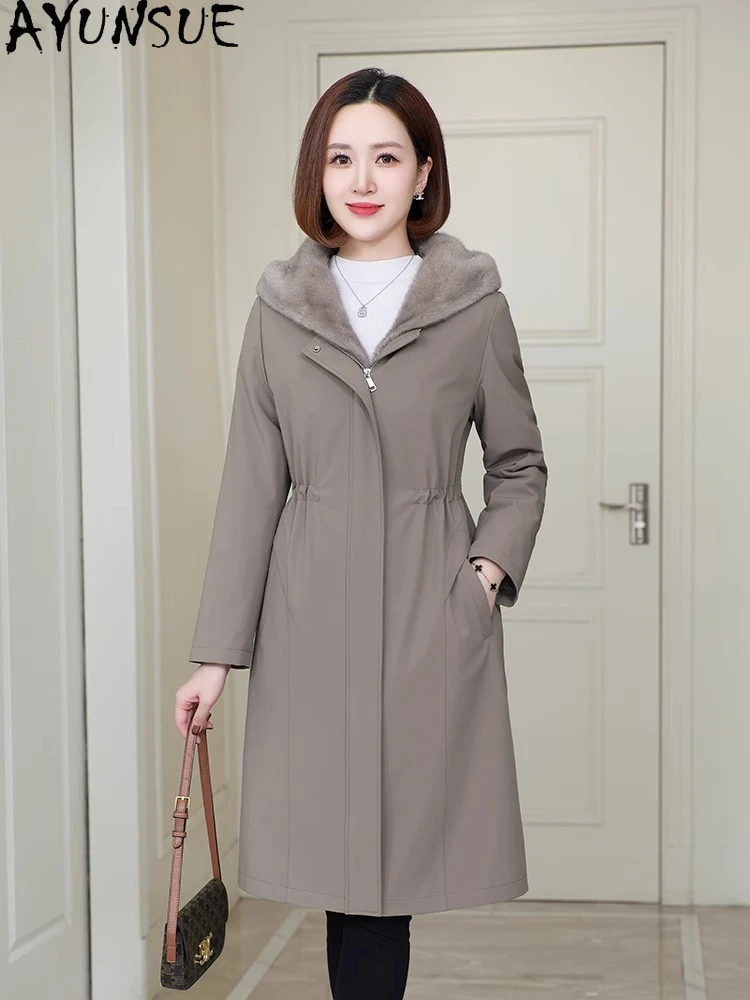เสื้อโค้ทขนมิงค์ AYUNSUE สำหรับผู้หญิง เสื้อผ้าฤดูหนาว คอขนมิงค์แท้ เสื้อพาร์กาความยาวปานกลาง ปี 2025 เสื้อโค้ทขนสัตว์แท้ เสื้อโค้ทผู้หญิง