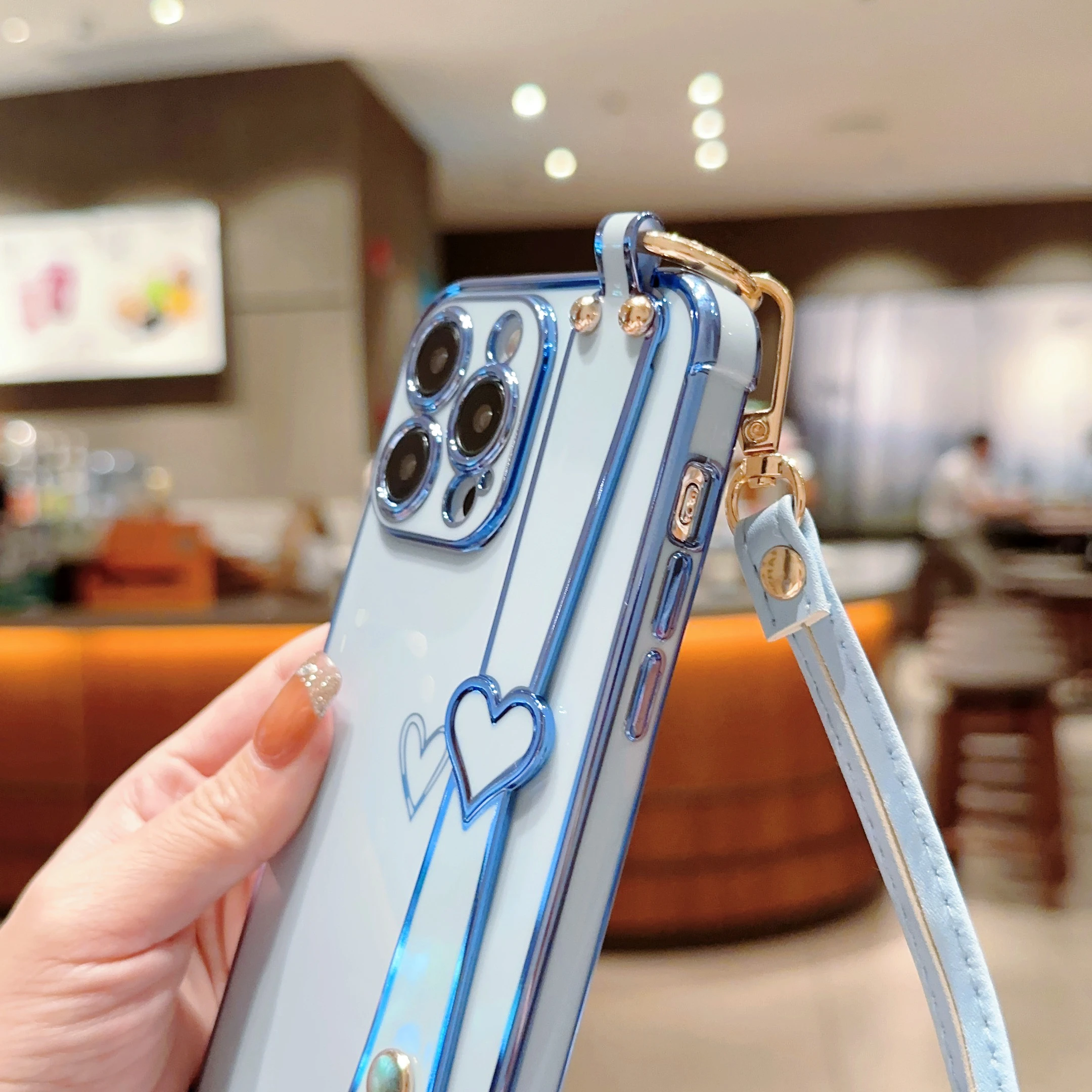 

Crossbody Cord Wrist Strap Holder Love Heart Phone Case For iPhone 16 15 14 13 12 Pro Max X XS XR Plus Shockproof Soft Cover