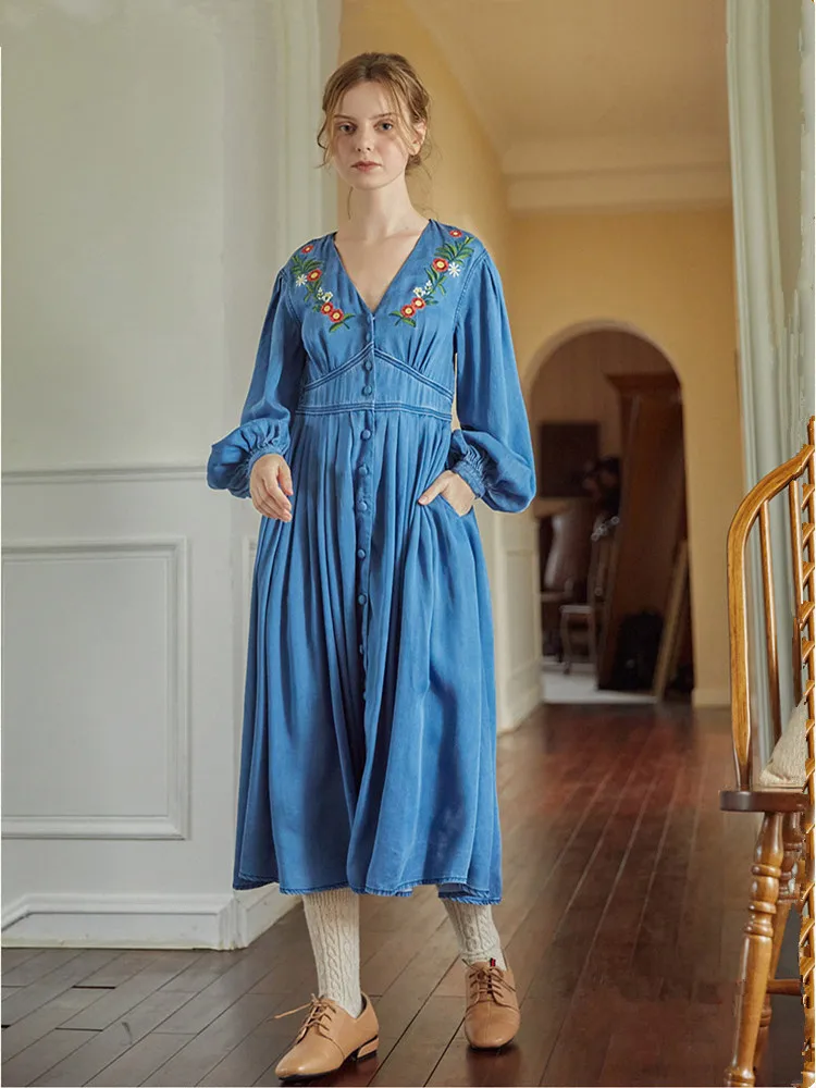 Dress Women Spring Fall Cotton Denim Dress Vintage Elegant Slim V-Neck Flower Embroidery Korean Fashion Casual Long Shirt Dress