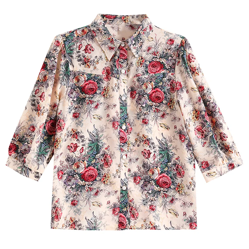 Turndown Collar Chiffon Shirt 2024 Spring Summer Women Blouse New 3/4 Single-breasted Floral Printed Tops