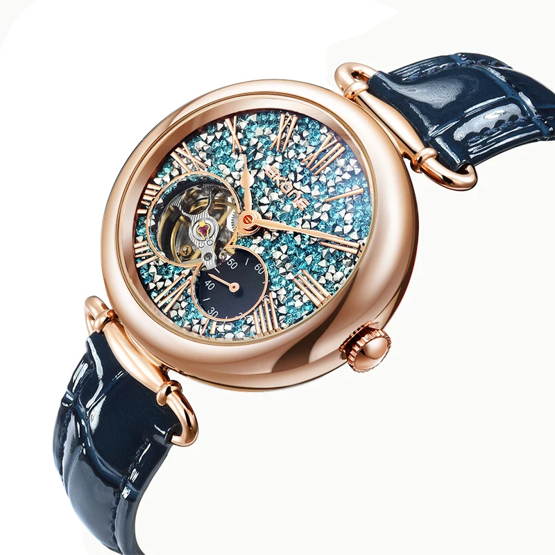 

Модные полые часы для женщин, автоматические механические женские часы, роскошные кожаные наручные часы из розового золота