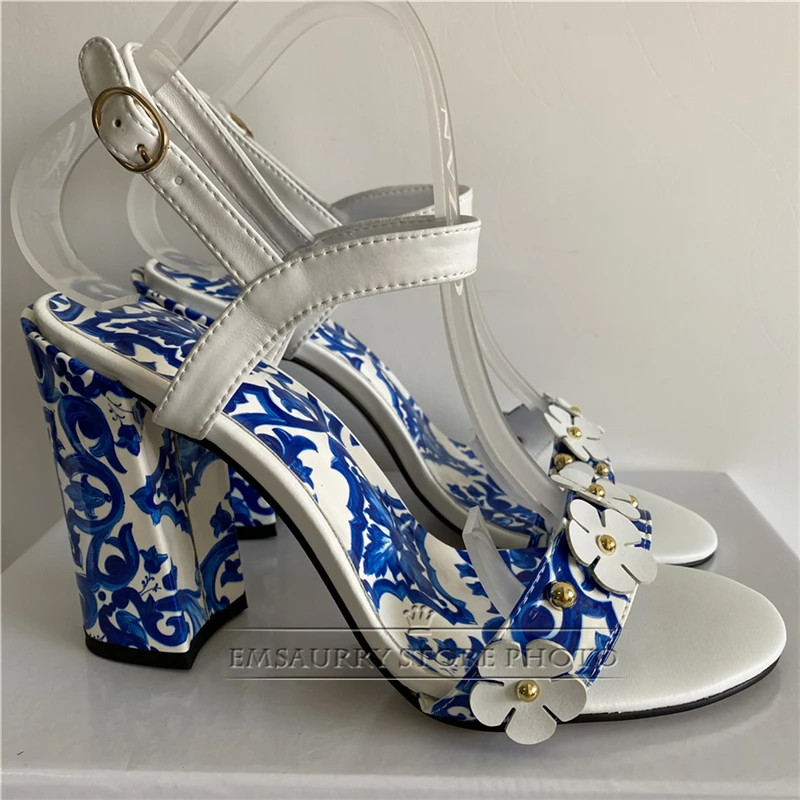 Rivet Flower Embellished Modern Sandals Women Blue And White Porcelain Print Chunky Heel Ankle Strap Summer Shoes