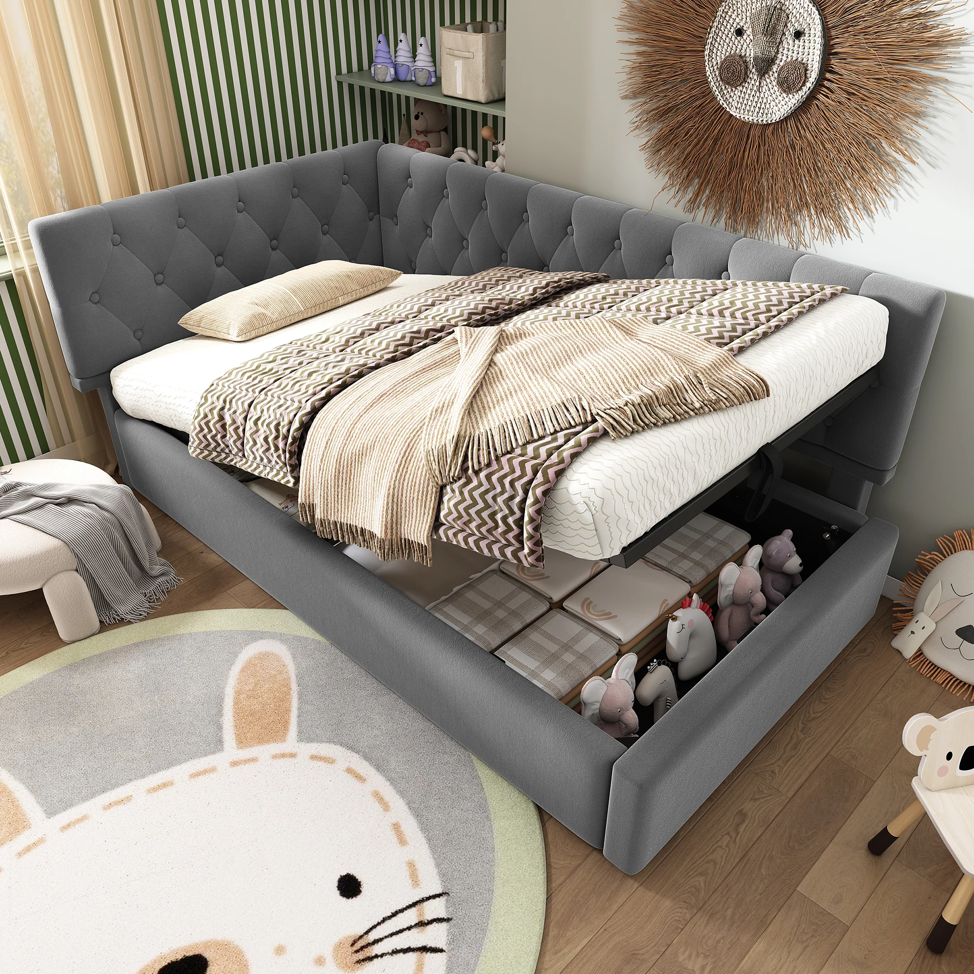 Lit banquette 90 × 190 cm, lit simple - coffre hydraulique et tête de lit réversible - sans matelas - en velours - Gris