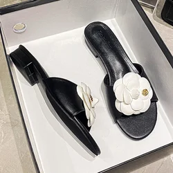 High End Luxury Flower Slippers Women Camellia Shoes Open Toe Slides Femme Outside&Home Pantuflas Sandals Ladies Flip Flops