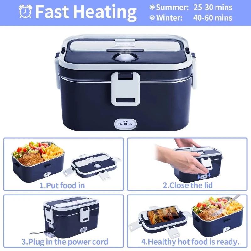 

Portable Electric Lunch Box, Food Heater, Heated Lunch Warmer, Large-Capacity, 60W, 110-230V, 1.8L, for Car, Truck, Home, Office