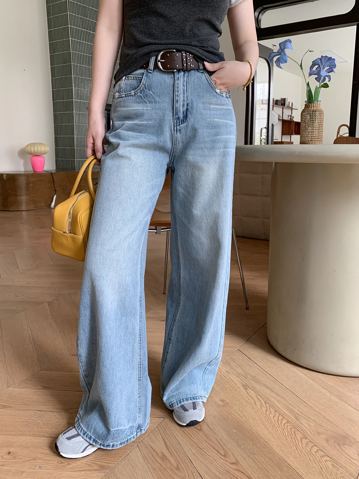 

High Waist Wide Leg Jeans Women Loose Slim Straight Floor-Length Light Blue Long Trousers Spring Faion Ladies Jeans