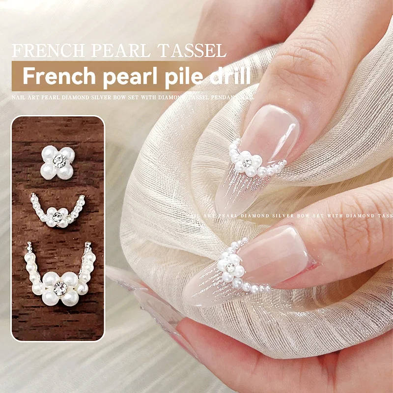 Conjunto de decorações para arte em unhas, 5 peças/10 peças, pérola, diamante, strass, adesivos, lua crescente francesa e design de flores, acessórios para arte em unhas