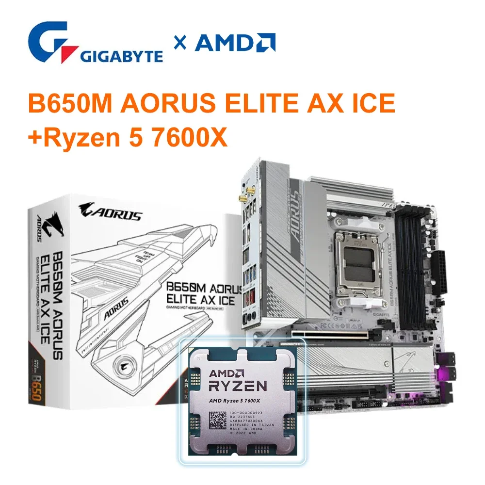 AMD RYZEN 5 7600X +GIGABYTE B650M AORUS ELITE AX ICE Motherboard CPU Kit DDR5 Socket AM5 AMD R5 7600X+B650 Set Gamer Computer